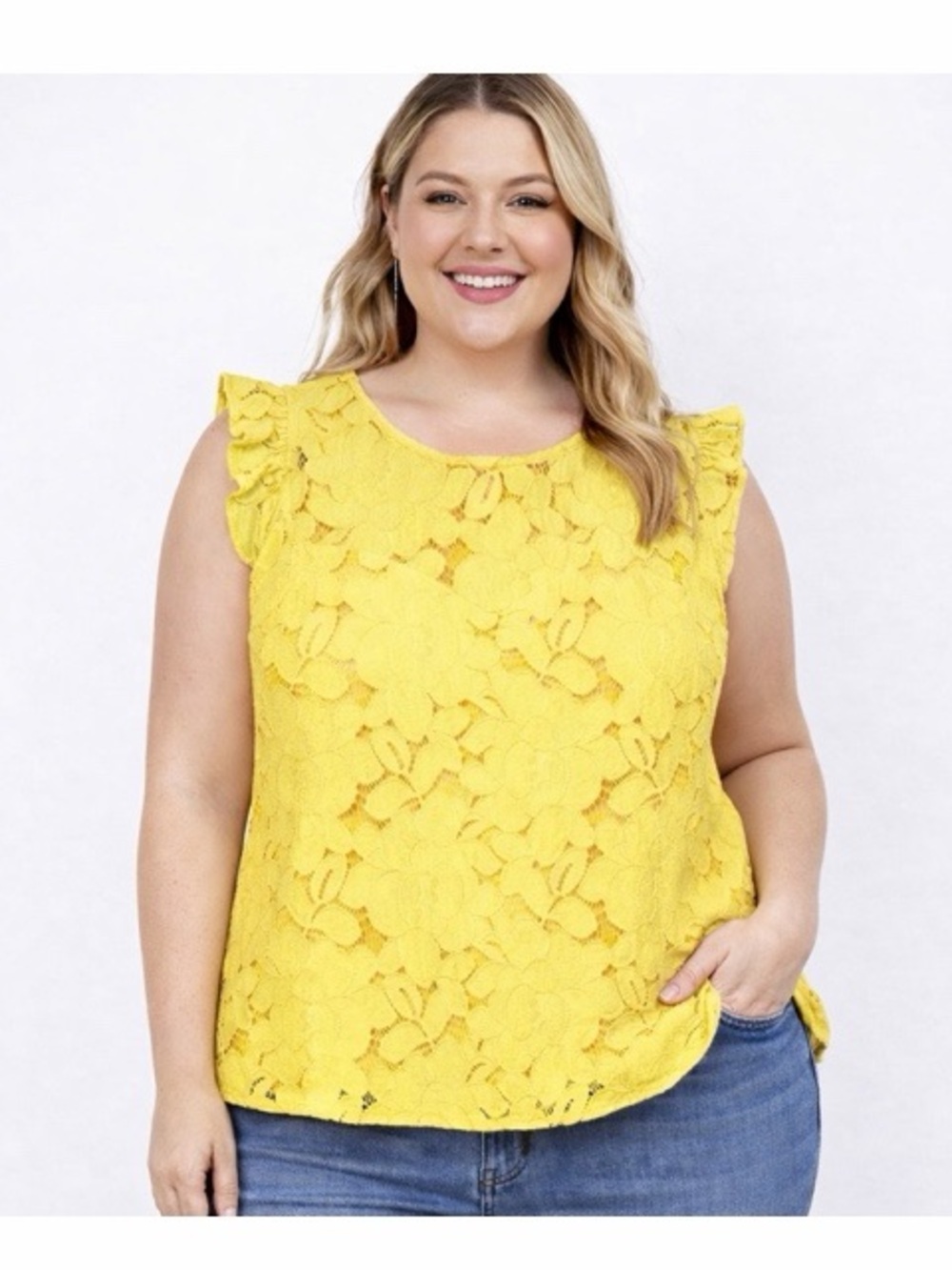 Monteau Floral Lace Overlay Blouse In Yellow NWT